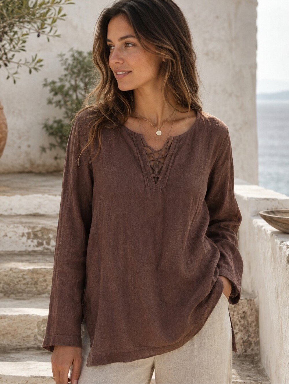 Gap Popover Tunic Top Womens XL Chocolate Brown 100% Linen Shirt Lagenlook Coast